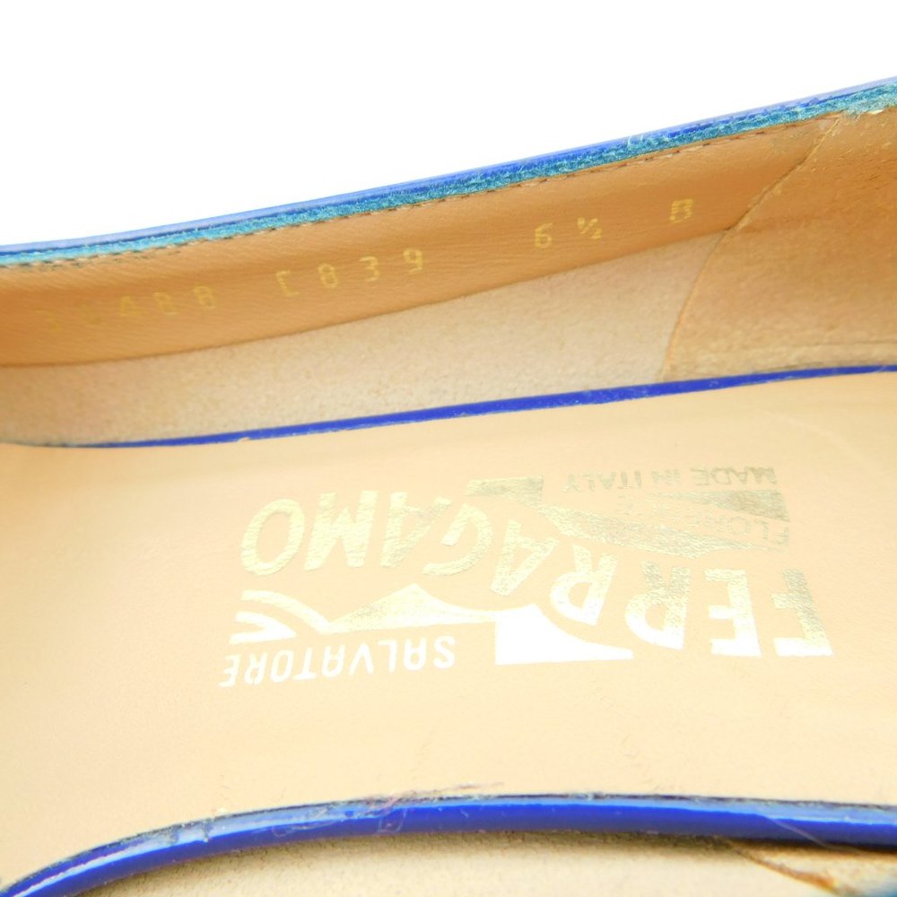 FERRAGAMO Vara Logo Bow Brilliant Blue & Lavender Patent Block Heel Pumps 6.5 - Picture 12 of 13